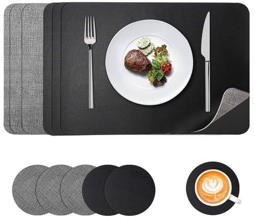 APLKER Tischsets Abwaschbar Leder und Untersetzer, Doppelseitigen Platzset 6er Set rutschfest Platzdeckchen Leder Kunstleder Tischset, 43X30cm (6er Set, Hellgrau schwarz)