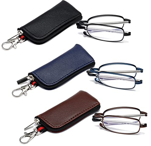 OWTXIS 3er-Pack Faltbare Lesebrille für Herren Damen, Schlüsselanhänger kompakte Leser blaues Licht tragbare Taschenbrille (Schwarz+Blau+Braun, 2.00)