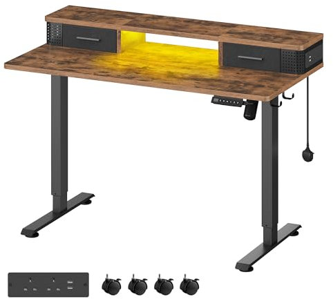 VASAGLE Electric Standing Desk with Built-In Power Strip, 60 x 120 x (72-120) cm, Adjustable Height, Monitor Stand, 2 Hooks and Drawers, Memory Function, Rustic Brown LSD182X11
