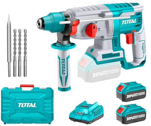 TOTAL TRHLI202287 Martello girevole con sacchetto, caricabatterie, 2 batterie al litio da 20 V e 4 Ah