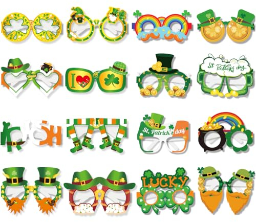 XINDY 16 Stück St. Patricks Day Party Brillen - Lustige Grüne Irischer Kleeblatt Papier Brille - Foto Requisiten für Kinder & Erwachsene - St. Patricks Day Deko & Kostüm Accessories