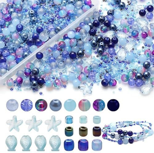 Crystal Glass Beads for Jewellery Making & DIY Bracelet Kit - Assorted Round Brown & Blue Ocean Starfish 8MM Crystal Seed Beads
