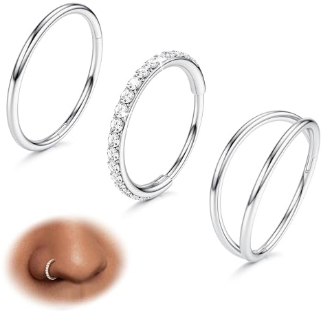Diamday 3Pcs Nose Rings Gold Silver 316L Surgical Steel Nose Ring Hoops | Nose Piercing, Double Nose Ring, Nose Hoop, Conch Piercing Jewellery, Septum, Lip Rings, Cartilage, Tragus, Helix Earrings