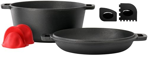 MegaChef 5 Quart Pre-Seasoned 2-in-1 Cast Iron Dutch Oven and Skillet