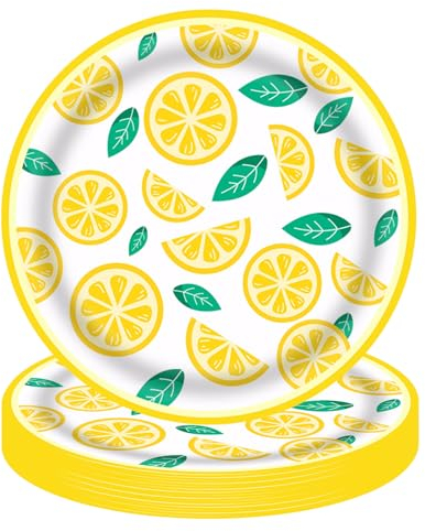 Assiette en Papier au Citron en or 7 Pouces, 16 Pièces Plaques de Fruits de Dessert, Vérification de la Fête pour L'été, le Pique-nique, le Déjeuner et le Dîner