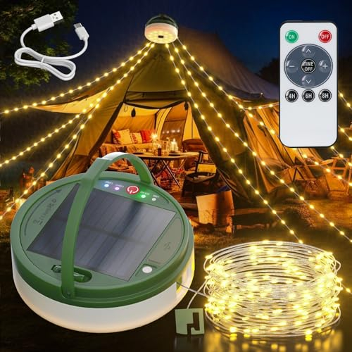 PChero Solar Lichterkette Aussen 10m, LED Outdoor Camping Lichterkette Aufrollbar Solar Außen Wetterfest Campinglampe USB Aufladbar für Zelt Beleuchtung Balkon Garten Kinderzimmer Innen Deko
