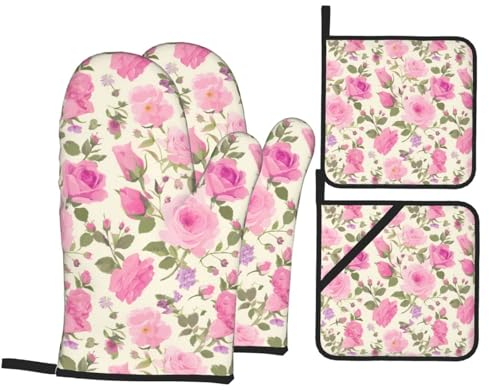 YYHWHJDE Lot de 4 maniques et maniques imprimées roses roses : épais et durables, anti-brûlure et isolant thermique