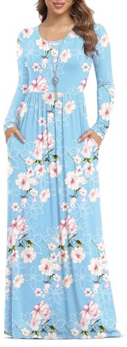 Anelune Dresses for Women Long Sleeve Loose Plain Plus Size Maxi Dresses Casual Long Floral Dresses with Pockets Flower Light Blue Medium