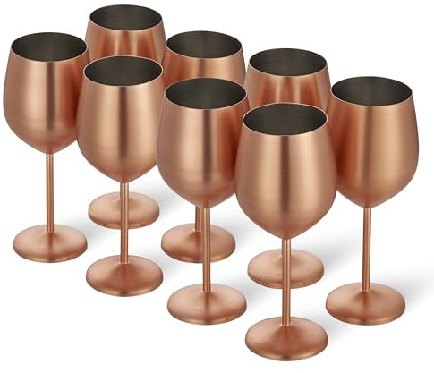 Oak & Steel - 8 Elegant Large Wine Glasses in Copper Rose Gold, 540ml - Unbreakable Glass Gift Set for Home Bar, Wedding, Anniversary, Birthday Party