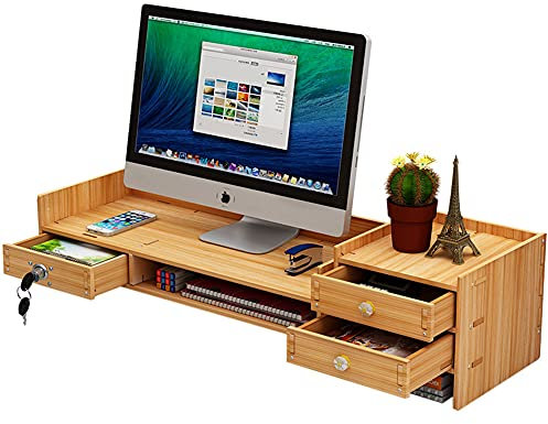 Wooden 2 Tier Monitor Stand with Storage Shelf Lockable Drawer and Cable Management Computer Riser for Office Desktop Laptop and PC Monitor Organizing