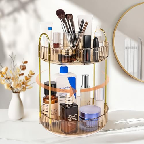 SOLVIEW Organisateur de Maquillage Rotatif à 360°, Rangement Maquillage 2 Niveaux Plateau Tournant, Séparable pour Cosmétiques, Produits de Soin, Pinceaux et Accessoires, Ambre