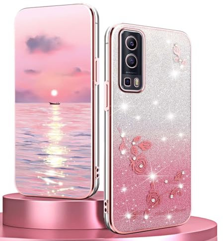 BORYA Silicone Coque pour Vivo Y72 5G / Vivo Y52 5G, Très Mince Antichoc Souple TPU Housse, Élégant Galvanoplastie Luxe Pétillant Diamant Fleurs Étui avec Dégradées Carte, Rose