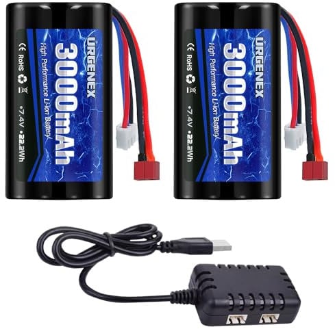 URGENEX 3000mAh 7.4 V Li-ion Battery with Deans T Plug 2S Rechargeable RC Battery Fit for WLtoys 4WD High Speed RC Cars and Most 1/10, 1/12, 1/16 Scale RC Cars Trucks with 7.4V Battery Charger