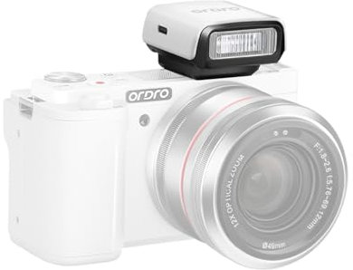 Camnoon Mini flash per fotocamera, GN8 6500 K, luminosità a 3 livelli, flash manuale/automatico, batteria integrata per Canon, Nikon, Sony, Fujifilm, Olympus, fotocamere Panasonic (bianco)