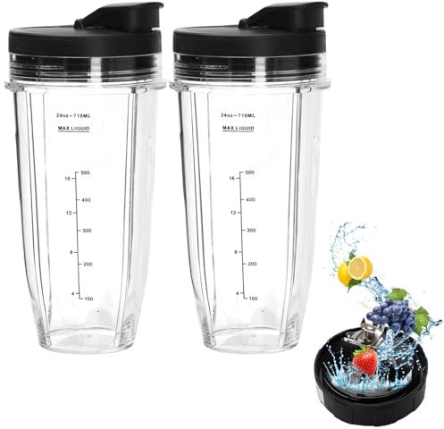 2 Pack 24oz Ninja Blender Cups, Blender Replacement Parts with to-Go Lid and 7 Fins Extractor Blade, Blender Accessories Replacement Parts for Ninja Blender