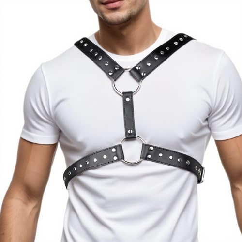 RTeczSolve Herren Brustgeschirr Gürtel, Verstellbarer Körpergeschirr Gürtel für Männer, PU-Leder männlicher Punk Brust Schulter Harness Muskelshow Mode Kostüme für Cosplay Party