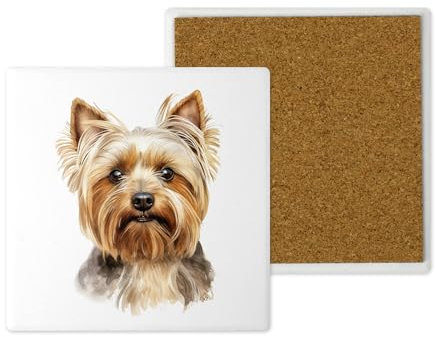 Ceramic Coasters - Handprinted 10x10cm Yorkshire Terrier, Yorkie Dog Design - Popular Dog Breeds - Handmade in the UK - Gift for Dog Lovers