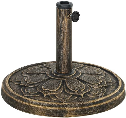 Outsunny Base per Ombrellone da 12 kg con Motivo di Fiore di Loto e Manovella Integrata, Basamento per Ombrellone in Resina, Metallo e Cemento, per Pali di Ombrelloni da Ø34/38/48 mm, Bronzo