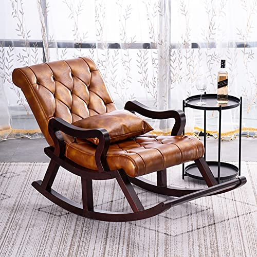 Nordic Massivholz-Sessel mit Leder-Schaukelstuhl für ältere Menschen und Nickerchen, dunkelbraunes Holz-Finish