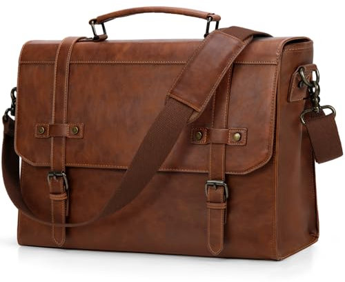 RAINSMORE Bolso Hombre Bandolera Maletin Portatil 18 Pulgadas Maletín Ordenado Cuero PU Bolsa de Mensajero Impermeable Maletín de Trabajo Ejecutivo Negocios Marrón