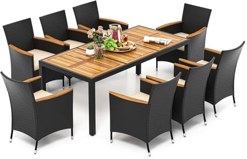 COSTWAY 5/9 Piece Patio Rattan Dining Set, Wicker Garden Table and Chairs Set with Umbrella Hole, Acacia Wood Tabletop & Cushions, Outdoor Dining Furniture Conservatory Set (Brown+Natural, 9 PCS)