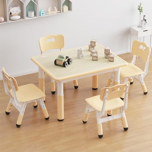 Salutmeuble Table Enfant avec 4 Chaises, Ensembles de Table et Chaise Enfant pour Maternelle Creche,Réglables en Hauteur,avec Plateau Graffité et Coussin Anti-dérapant—Couleur Bois
