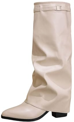 PAIDAXING Stivali da donna pieghevoli, impilabili, a metà polpaccio, in pelle, a punta, tacco basso, comodi, senza lacci, con cinturino con fibbia, casual, da donna, autunno e inverno, bianco, 38.5 EU