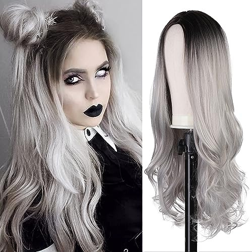 Puzgaqy Perücke Damen Perücke Ombre Grau Lang Wellig Perücken für Frauen Halloween Fasching Kostüme Party Vampir Cosplay Wig PU001GY