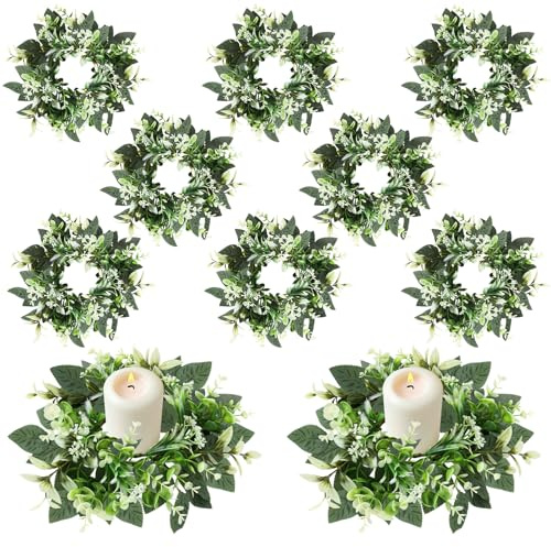 Eukalyptus-Kerzenring, 10,2 cm, Mini-Küchenschrank-Kränze, künstliche kleine grüne Blätter, Kränze, Girlande, Säulenhalter für Zuhause, Tür, Fenster, Bauernhaus, Hochzeit, Party, Tischdekoration, 8