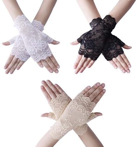 TRKETK 3 Paar Fingerlose Spitzenhandschuhe Handschuhe Kurze Fingerlose Spitze Handschuhe Damen Elegant Spitze Satin Vintage für Halloween Karneval Teepartys Abschlussbälle Hochzeiten Abendessen