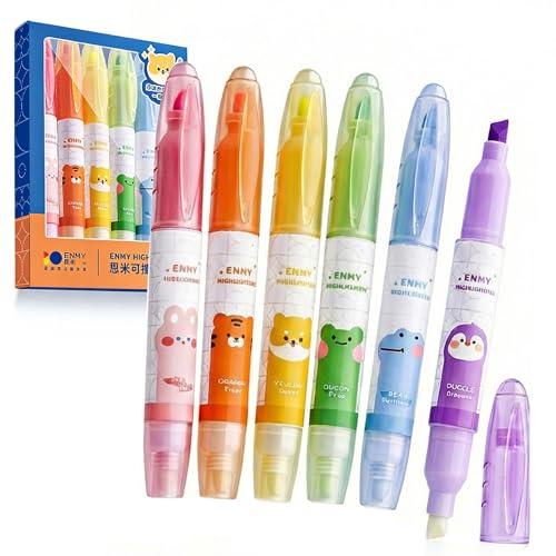 ENLACE 6 Farben Textmarker Radierbar 1~5mm, Radierbaren Textmarkern | Rückstandslos Korrigierbar, Wasserbasierte Tinte, für Schule, Studium, Büro, Bullet Journal und Bibel