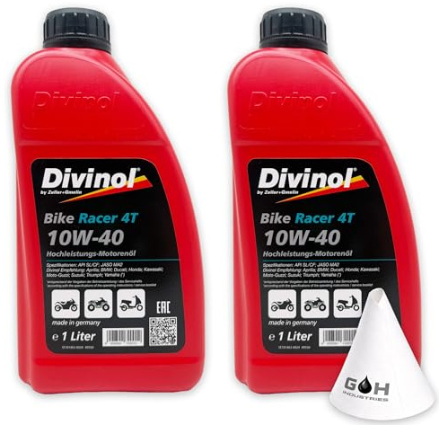 DIVINOL Bike Racer 4T | 10W-40 | 2 L | JASO MA2 | API SL/CF | 4 Takt Motoröl für Motorrad Quad ATV – Nasskupplung geeignet – teilsynthetisch | mit Trichter