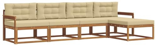 vidaXL Outdoor-Sofagarnitur mit Kissen 5 pcs Natur und Beige, Outdoor-Möbel-Set, modernes Patio-Sofa, wetterfestes Lounge-Set, Latten-Sofa, modulares Sofa