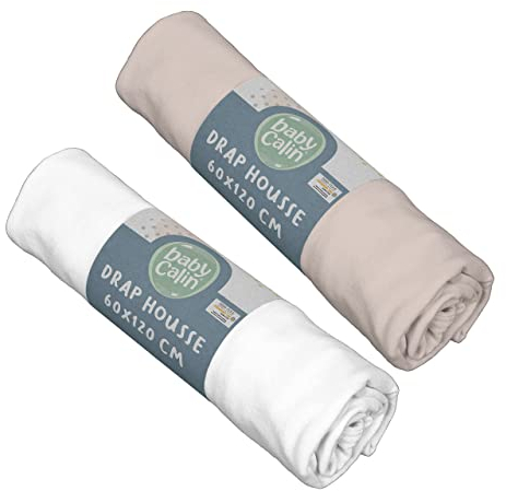 Babycalin lot de 2 Draps Housse Blanc/Taupe 60 x 120 cm
