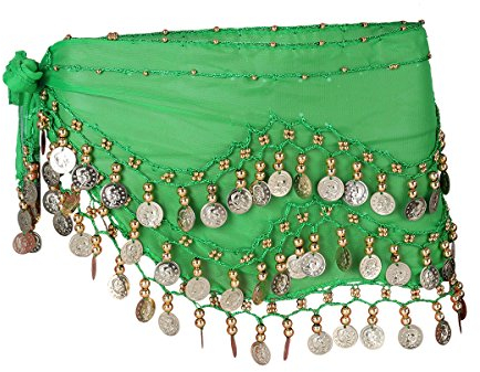 LUOEM Damen Bauchtanz Gürtel, Chiffon Hüfttuch, Tanztuch mit Münzen für Bauchtanz (grün)