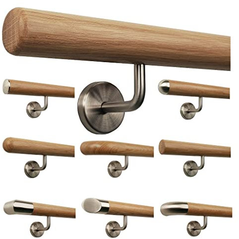 TIBU Eiche Holz Handlauf Geländer 0,3m - 6m, Länge 500 cm, Ende Radius gefräst und 6 gewinkelte Halter
