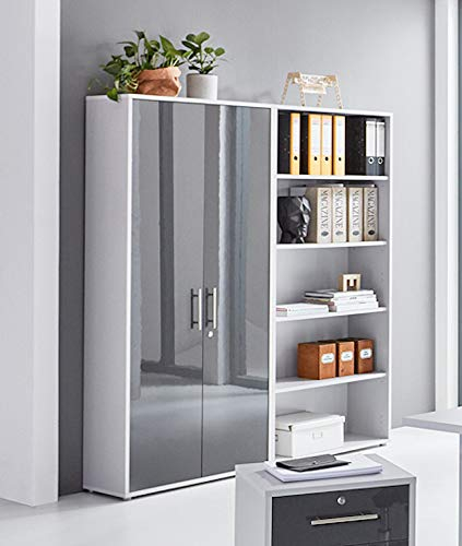 Schrankwand TABOR 1 hoch Aktenschrank abschließbar Büroschrank Regal in 5 Farben (lichtgrau/anthrazit Hochglanz)