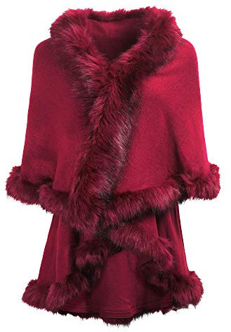ZLYC Damen Winter Faux Fur Poncho Warm Strick Kunstpelz Cape Cardigan (Rot),Einheitsgröße