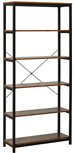 HOMCOM Bücherregal mit 5 Fächer, Standregal, Industriestil, Wohnzimmer, Schlafzimmer, Büro, E1 Spanplatte, Braun, 80 x 30 x 180 cm