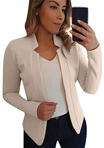 OMZIN Donna Work Office Cropped Blazer Lapel Manica Lunga Open Front Short Jacket Beige 3XL