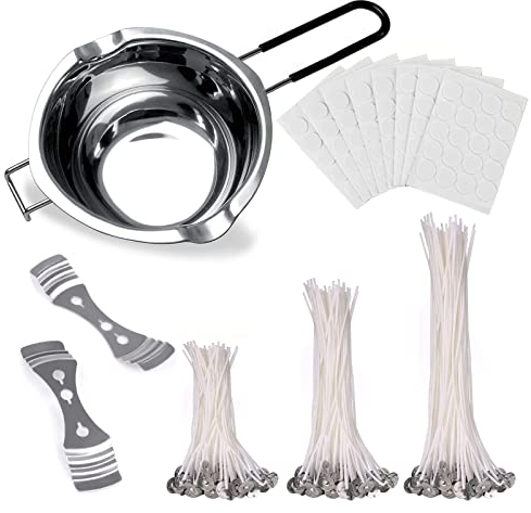 Kit de Fabrication de Bougies,400ml Pot de Fusion Cire Bougie,150 mèche Bougie,160 Bougie Autocollants Mèches de Bougie,2 Supports en Métal Mèches