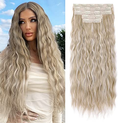 REECHO Haarverlängerungen zum Einclipsen, 5 Teile 60 cm dicke lange lockere Wellen Haarverlängerungen Unsichtbare Spitze Flechte Natürliche weiche Haarteile für Frauen - Aschblond mit Strähnchen