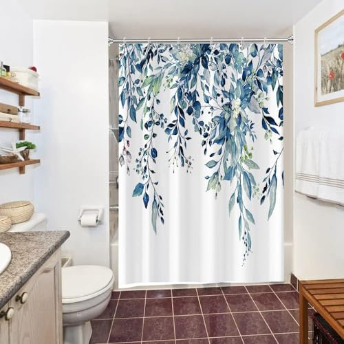 Uiiooazy Rideau Douche Anti Moisissure, Rideau de Douche 150x200cm Bleu Feuilles d'eucalyptus Vert Aquarelle Rideaux de Baignoire Tissu Lavable Imperméable Rideaux Salle de Bain avec 10 Crochets
