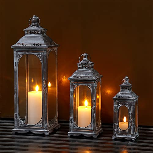 TRIROCKS Set mit 3 Vintage-Kerzenlaternen 26/35/50 cm H Dekorative Außenlaterne Metall-Kerzenhalter für Zuhause Wohnzimmer Garten Hof Partys Veranstaltungen Drinnen und Draußen (Zement Grau)