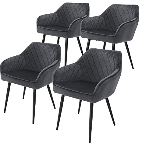 ML-Design 4er Set Esszimmerstühle mit Armlehne und Rückenlehne, Anthrazit, Küchenstuhl mit Samtbezug, Polsterstuhl mit Metallbeinen, Ergonomischer Stuhl für Esstisch, Esszimmerstuhl Wohnzimmerstuhl