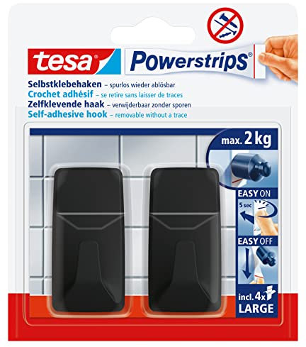 tesa Powerstrips Self-Adhesive Hooks - 2 x Large Square Shaped Hooks for Tiles, Glass, Plastic and Other Surfaces - Strong Hold, Up to 2kg - Black