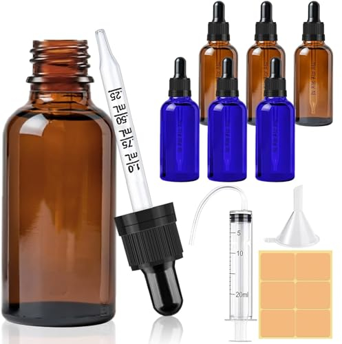 CoKeeSun 30ml Glass Dropper Bottle, 6Pcs Brown&Blue Glass Bottle with Pipettes, Reusable, with Funnel Needle Syringe Catheter Stickers for Hair Oil perfumes Cosmetics Storage
