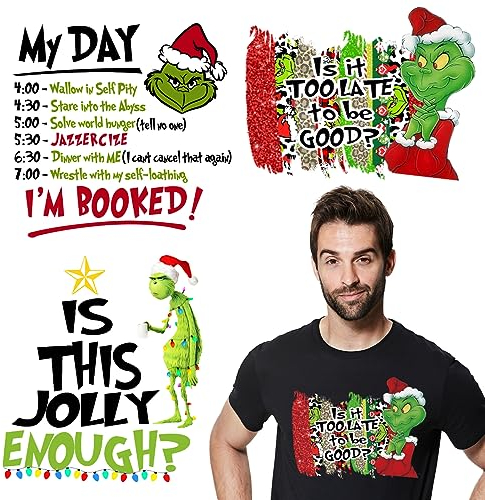 Christmas Heat Transfer Vinyl 3 Sheets Iron on Stickers Winter Xmas Heat Transfer Vinyl Design Iron on Decals for T Shirts Clothes Pillow Hoodie DIY Iron on Patches