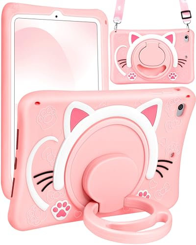 Wazzasoft Funda para iPad Mini 1/2/3 de 7.9 pulgadas, diseño de gato kawaii, diseño femenino de dibujos animados 3D para mujeres gatitos con mango giratorio y correa, funda de silicona suave para
