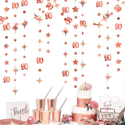 Rose Gold 90. Geburtstag Dekorationen Nummer 90 Kreis Dot Twinkle Star Girlande Metallic Hanging Streamer Banner Hintergrund für ihren schmutzigen 90-jährigen Geburtstag 90 Jahre Party Supplies